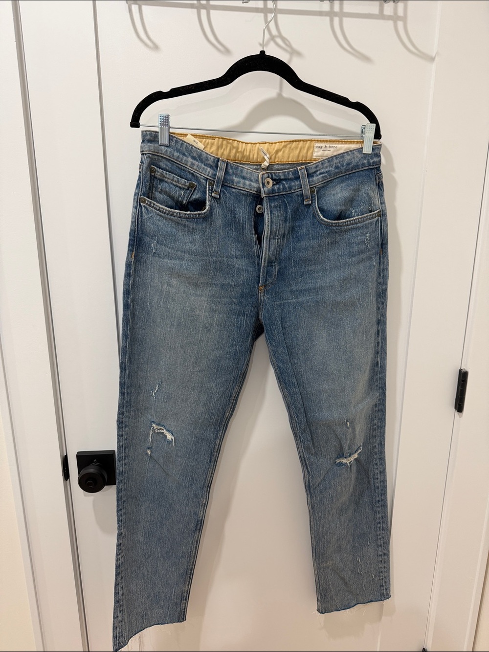 rag & bone Distressed Medium Blue Straight-Leg Jeans